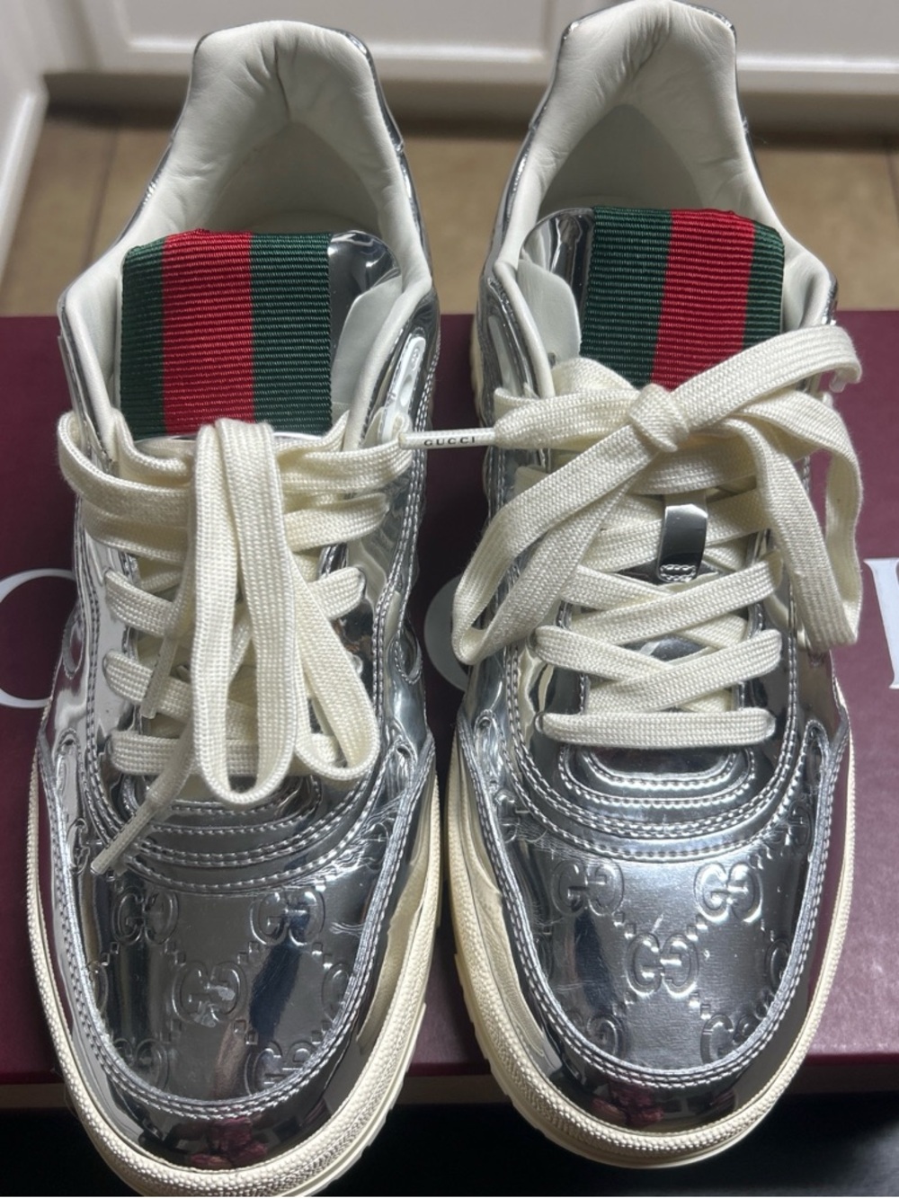 Gucci Silver Metallic Sneakers with Red & Green Stripe